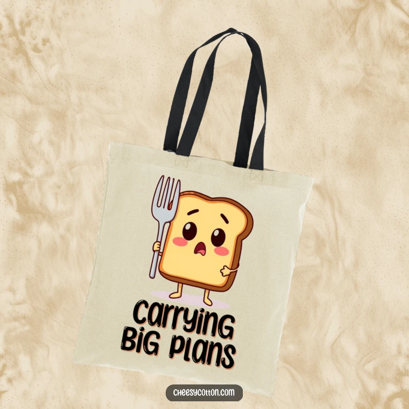 Funny tote bag with a surprised toast character holding a giant fork, perfect for carrying groceries with a humorous twist.