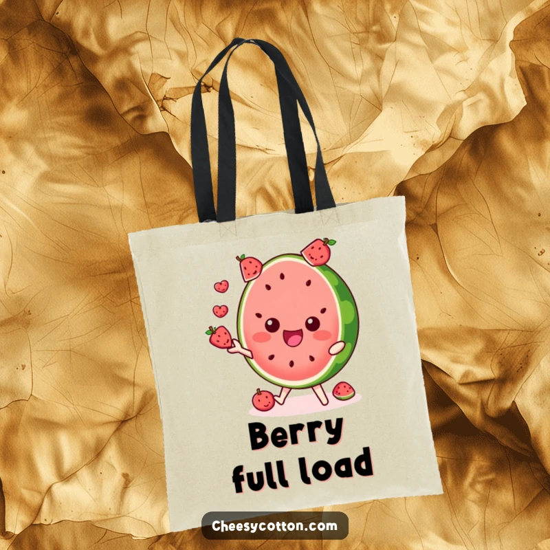 Funny tote bag featuring a delighted watermelon slice character juggling small fruits, ideal for errands.