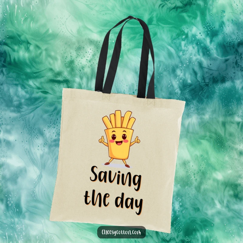 Funny tote bag showcasing a happy french fry character striking a powerful superhero pose, ideal for heroic errands and daily use.